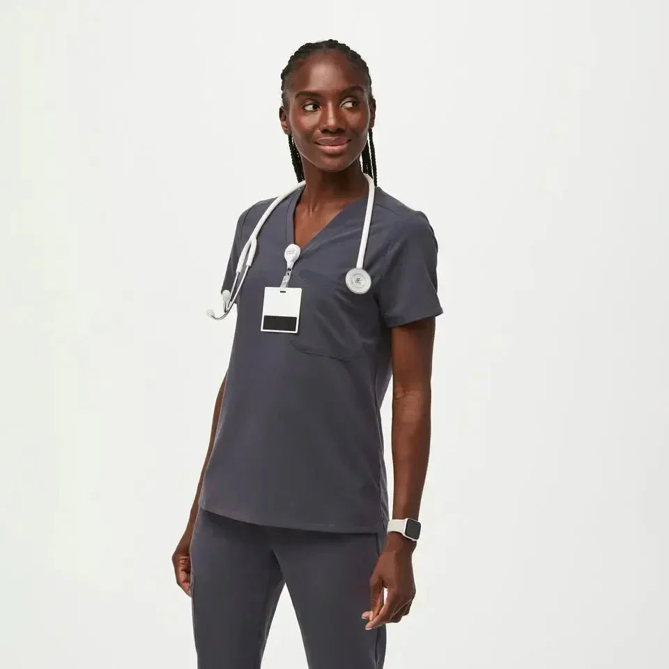 Women's One-Pocket Scrub Top- Charcoal