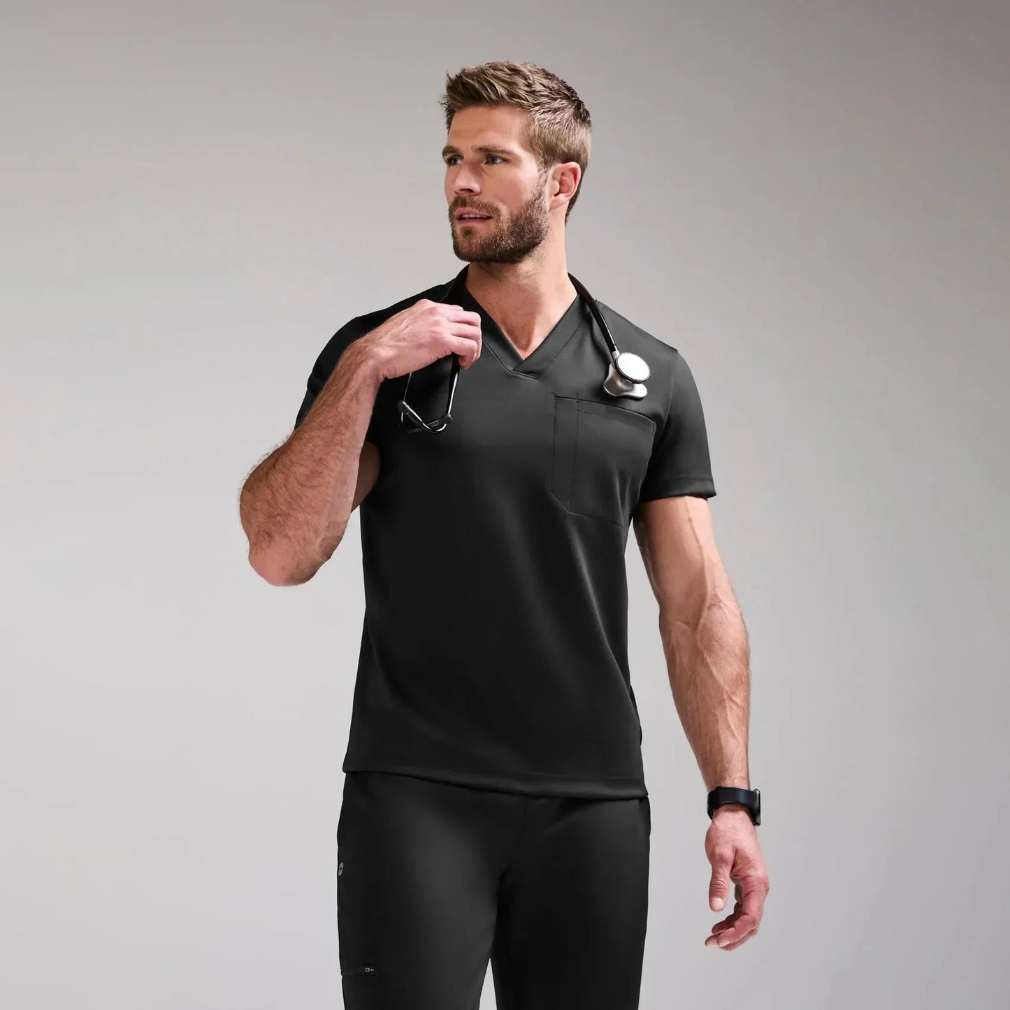 Men's Slim V-Neck Scrub Top- Black